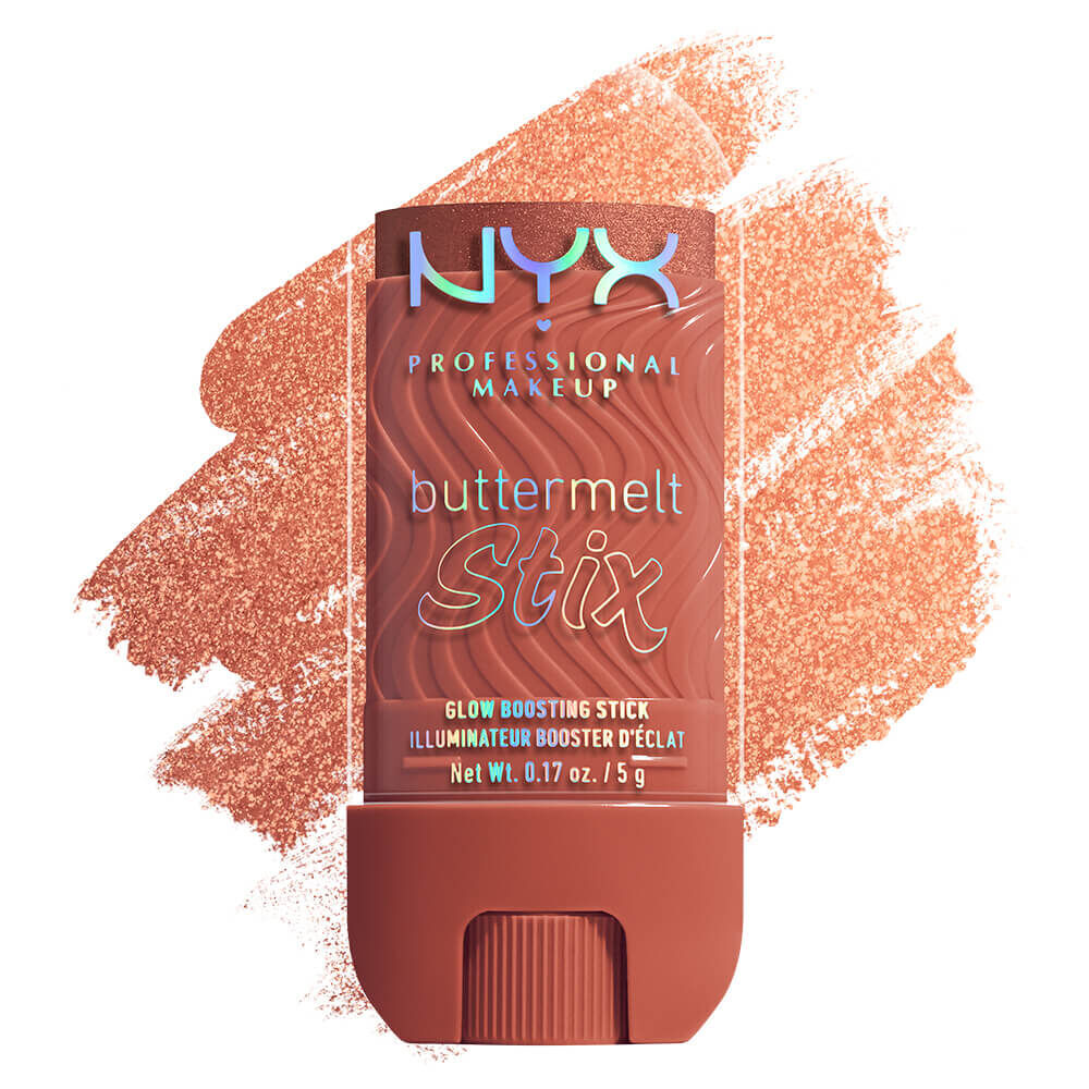 Ein vertikales Produktbild eines "NYX Professional Makeup Buttermelt Stix Glow Boosting Stick" vor einem weißen Hintergrund. Der Stift hat eine transparente Kappe. Das NYX-Logo und die Schriftzuge "buttermelt Stix" sind in einem schillernden, holografischen Effekt gehalten.