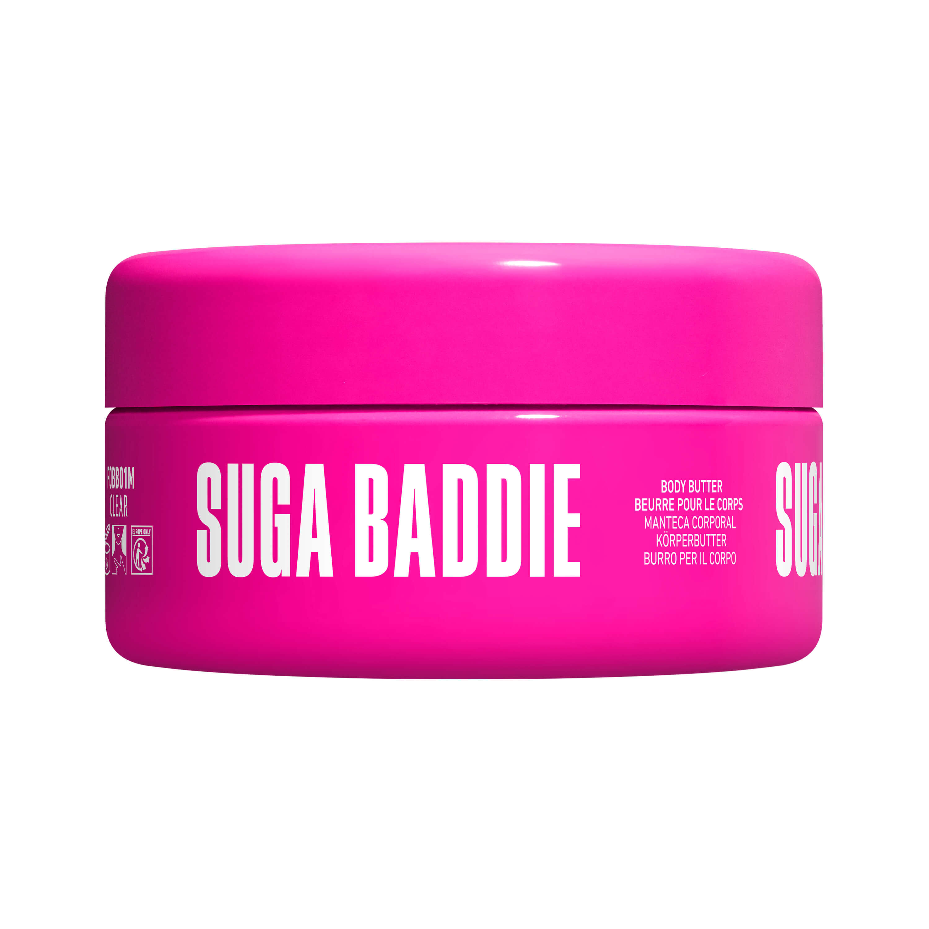 Die geschlossene Ansicht des pinkfarbenen NYX Suga Baddie Fat Oil Body Butter Tiegels.