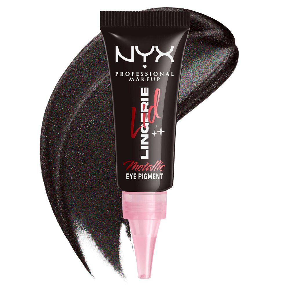 NYX Professional Makeup Party Animals Lid Lingerie Cream Eye Pigment in Gothic Garter, abgebildet mit einem tiefen metallic-schwarzen Swatch.
