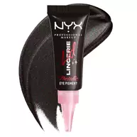 NYX Professional Makeup Party Animals Lid Lingerie Cream Eye Pigment in Gothic Garter, abgebildet mit einem tiefen metallic-schwarzen Swatch.