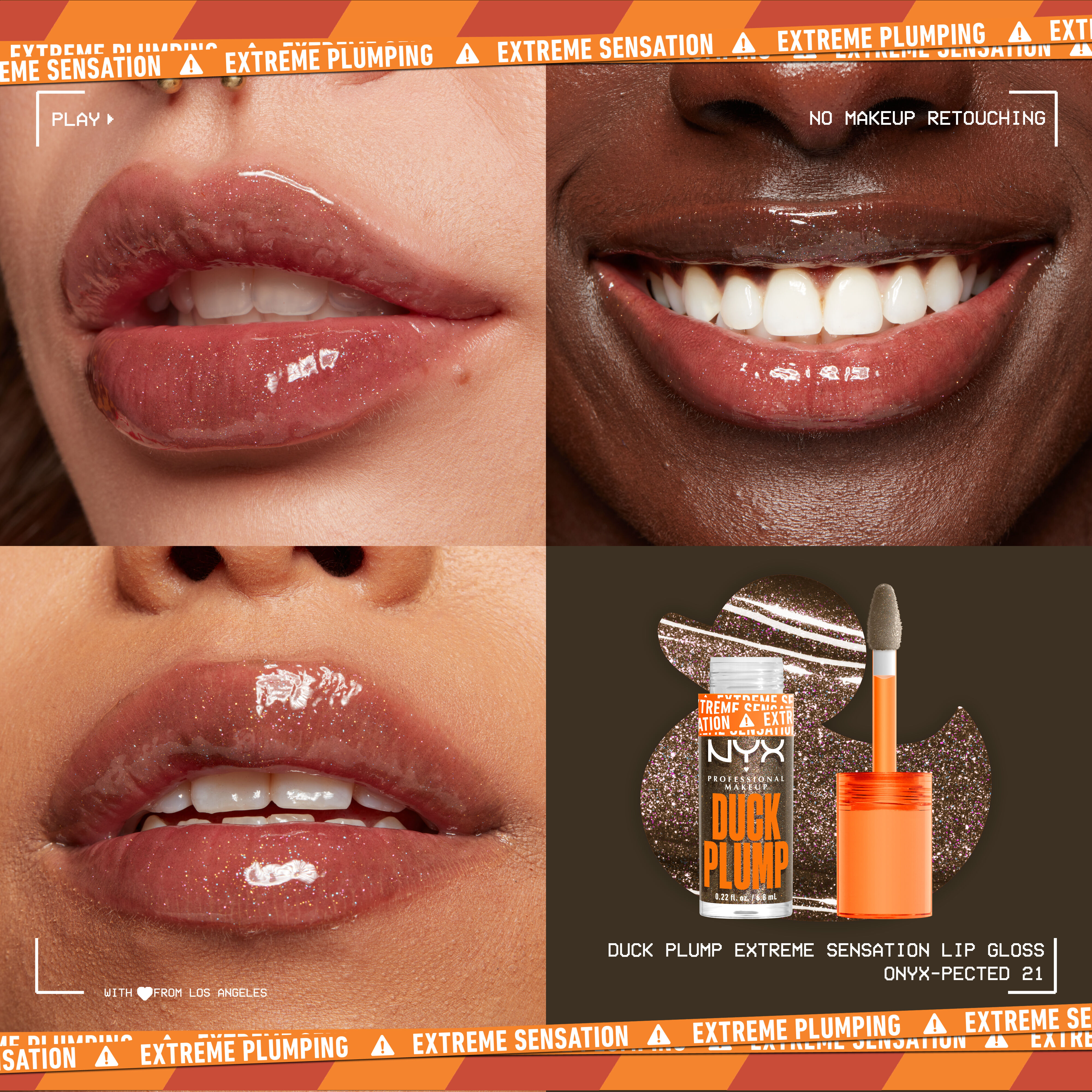 4 Bilder: Drei Lippen in verschiedenen Hauttonen geschminkt mit Lipgloss und der Duck Plump High Pigment Lip Gloss