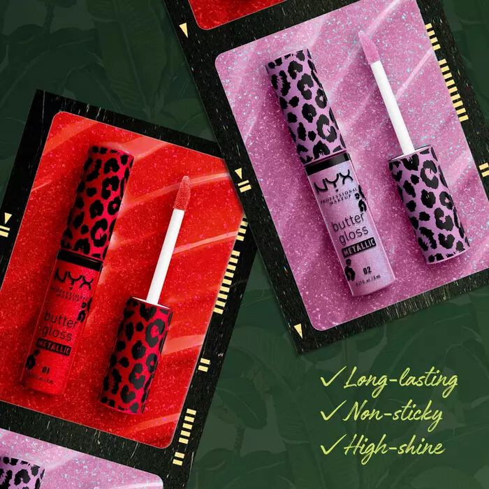 NYX Professional Makeup Party Animals Butter Gloss Bling Metallic in der Nuance 01 Blood Moon, roter Glitter-Gloss mit Produktvorteilen: langanhaltend, nicht klebend und mit ultra-glossigem High-Shine-Finish.