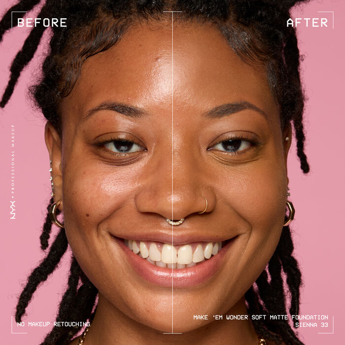 Vorher-Nachher-Bild vom Gesicht einer lachelnden Person mit und ohne Make 'Em Wonder Foundation