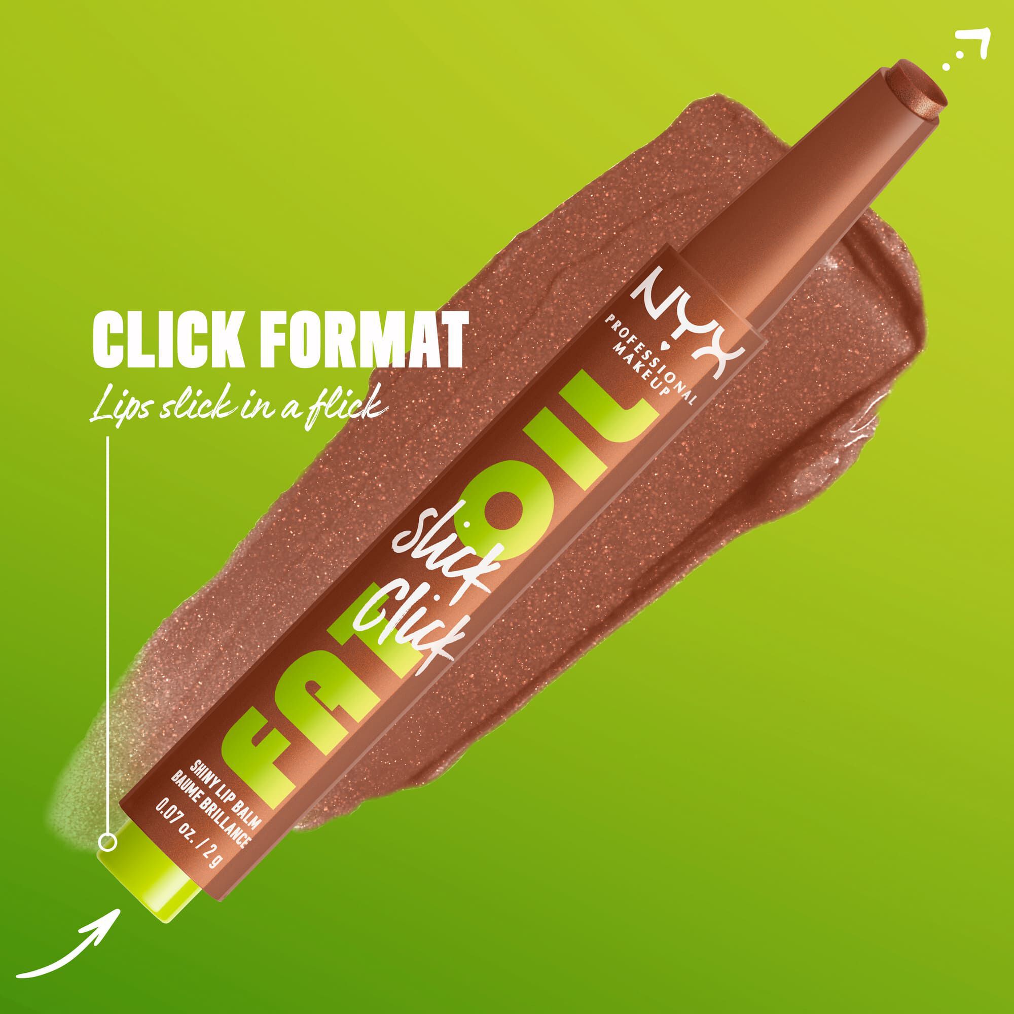 Fat Oil Slick Click Lippenbalsam vor seiner Textur und dem Text: Klick-Format, geschmeidige Lippen im Handumdrehen