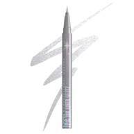 Silberner Eyeliner-Stift diagonal auf weißem Hintergrund, daneben ein passender Farbstrich. Royal Epic Ink Liner Glitz, Farbton 01 Glitzed In Silver.