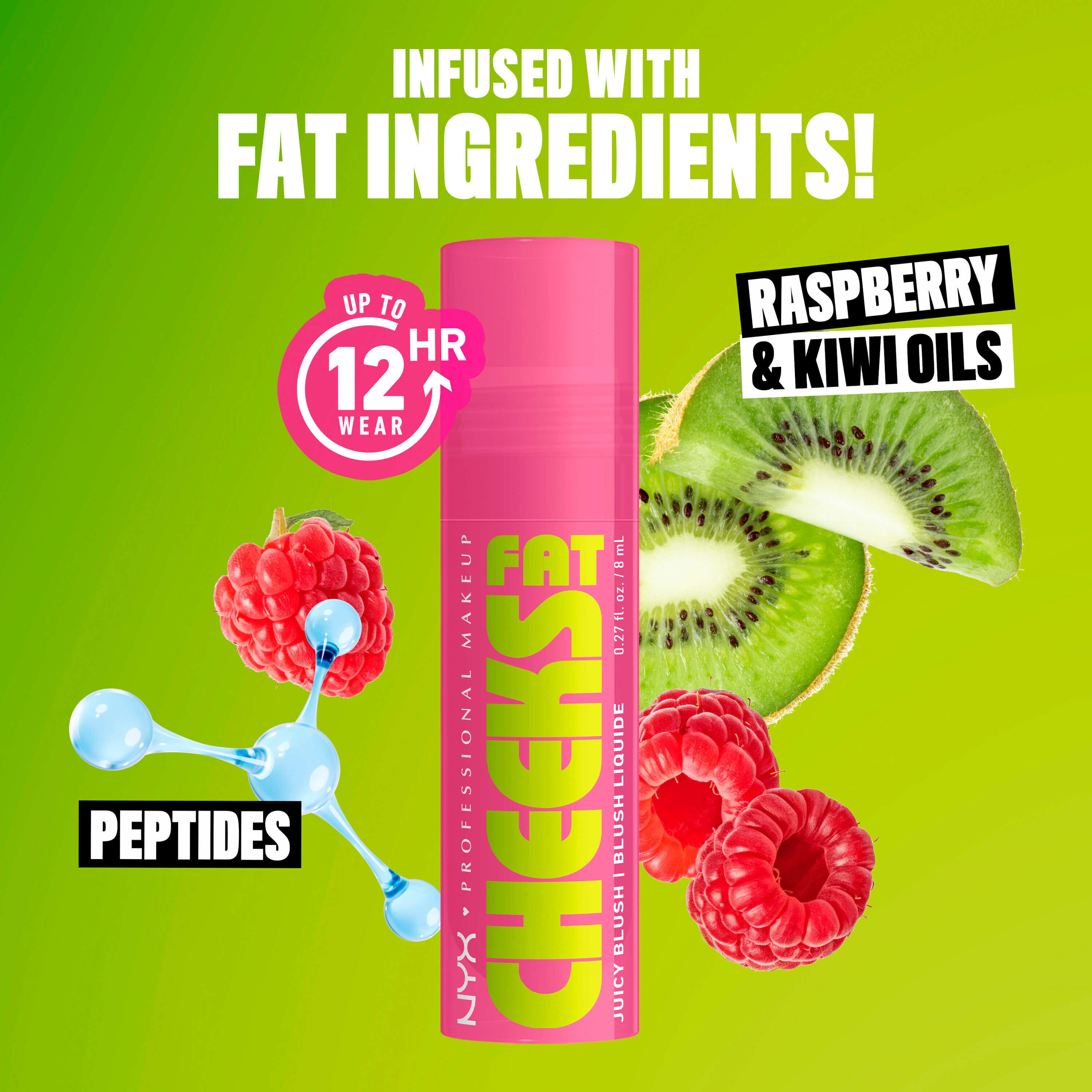 Fat Cheeks Juicy Blush von NYX Professional Makeup mit Auflistung der besonderen Inhaltsstoffe: Kiwi- und Himbeerole sowie Peptide