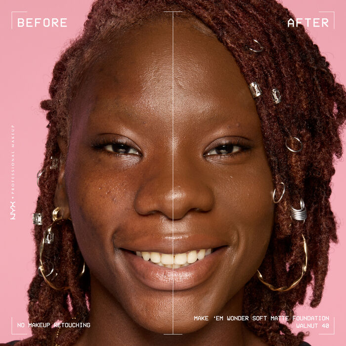 Vorher-Nachher-Bild vom Gesicht einer lachelnden Person mit und ohne Make 'Em Wonder Foundation