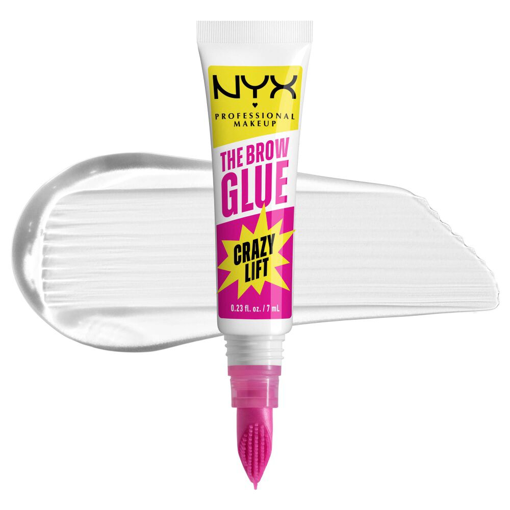 The Brow Glue Crazy Lift von NYX Professional Makeup mit transparenter Textur des Augenbrauengels im Hintergund