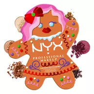 Zeigt die geschlossene NYX Professional Makeup Holiday Gingerbaddie Palette, umgeben von verstreuten losen Lidschattenpigmenten, die Farbtone aus der Palette sind. 