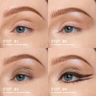 Eine vierteilige Anleitung zeigt die schrittweise Anwendung verschiedener NYX Lid Lingerie Shades zur Kreation eines definierten Augen-Makeups mit weichem Lidstrich.
