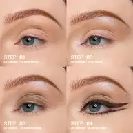 Eine vierteilige Anleitung zeigt die schrittweise Anwendung verschiedener NYX Lid Lingerie Shades zur Kreation eines definierten Augen-Makeups mit weichem Lidstrich.
