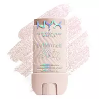 Ein vertikales Produktbild eines "NYX Professional Makeup Buttermelt Stix Glow Boosting Stick" vor einem weißen Hintergrund. Der Stift hat eine transparente Kappe. Das NYX-Logo und die Schriftzuge "buttermelt Stix" sind in einem schillernden, holografischen Effekt gehalten.
