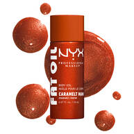 Die Frontalansicht der NYX Caramelt Mami Fat Oil Body Oil Pumpflasche mit drei dekorativen Oltropfen im Hintergrund.