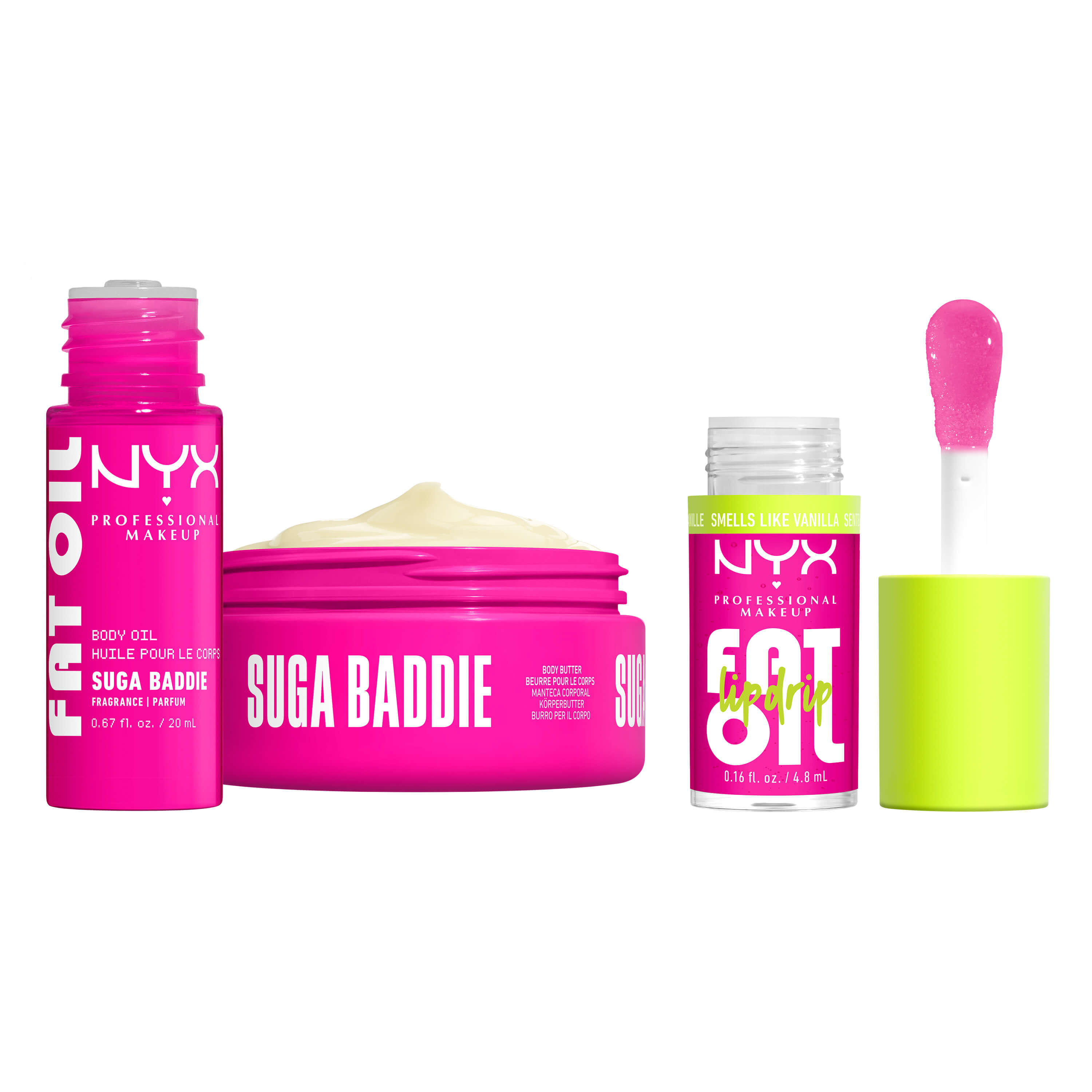 Die geoffneten Produkte des NYX Professional Makeup Fat Oil „Suga Baddie“ Sets prasentieren die cremige Textur der Korperbutter und das leuchtend pinke Lippenol mit Applikator.
