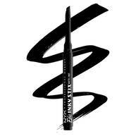 Ein Eyeliner-Stift liegt diagonal vor einem Hintergrund mit einer dicken, geschwungenen Linie, die vom Stift ausgeht und sich mehrfach windet. Der Eyeliner-Stift ist schlank und hat eine feine Spitze.