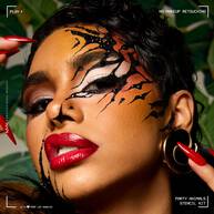 Model mit einem bolden, tierinspirierten schwarzen Schablonen-Make-up im Gesicht und rotem Lippenstift, kreiert mit dem NYX Professional Makeup Party Animals Stencils Kit.