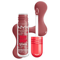 NYX Professional Makeup Gum Drop Gloss & Stain Flasche mit geoffnetem Applikator und einem roten, bonbonartigen Farbmuster daneben in der Farbe 01 Hydra Honey