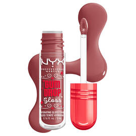 NYX Professional Makeup Gum Drop Gloss & Stain Flasche mit geoffnetem Applikator und einem roten, bonbonartigen Farbmuster daneben in der Farbe 01 Hydra Honey