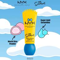 Infografik zum NYX x The Simpsons Lippenbalsam, welche die pflegenden Inhaltsstoffe vor einem blauen Wolkenhimmel hervorhebt.