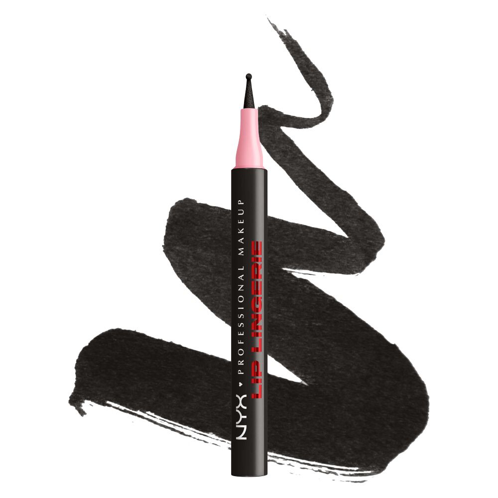 NYX Professional Makeup Lip Lingerie Lip Liner Stain in der Nuance Tied Up, aufrechter Stift mit pinkfarbener Applikatorkappe uber schwarzen Lip-Liner-Swatches auf weißem Hintergrund.