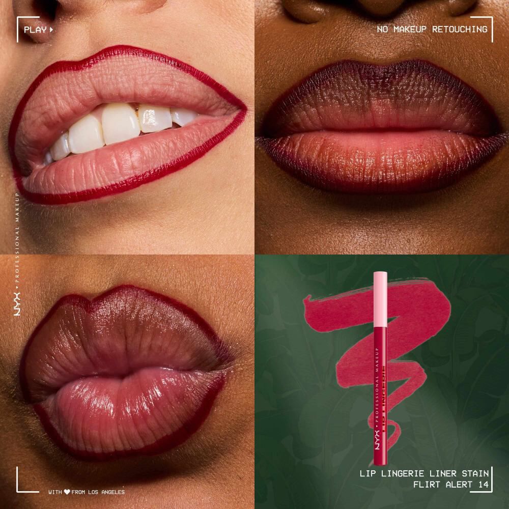 NYX Professional Makeup Lip Lingerie Lip Liner Stain in der Nuance 14 Flirt Alert, mit Nahaufnahmen von Lip-Looks und einem Produkt-Swatch.