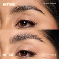 Ein Vorher-Nachher-Vergleich zeigt den laminierenden und fixierenden Effekt des klaren Augenbrauengels auf den Brauen einer Frau.