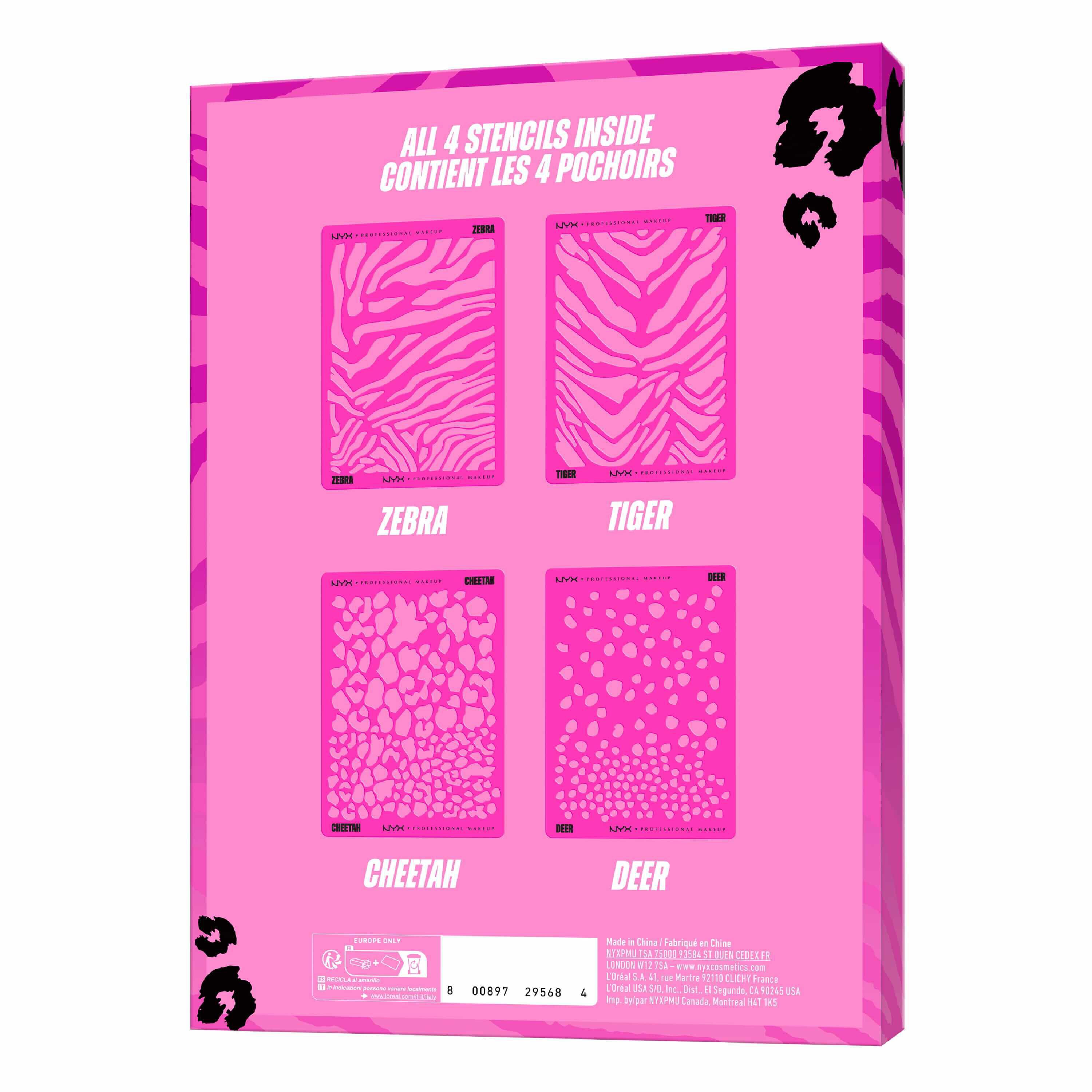 NYX Professional Makeup Party Animals Stencils Kit, Ruckseite der pinken Verpackung mit funf Animal-Print-Schablonendesigns.
