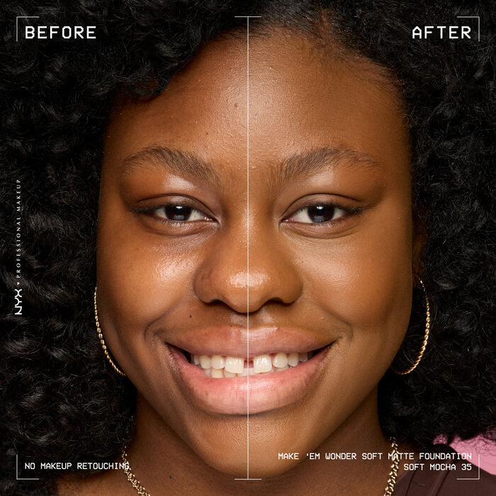 Vorher-Nachher-Bild vom Gesicht einer lachelnden Person mit und ohne Make 'Em Wonder Foundation