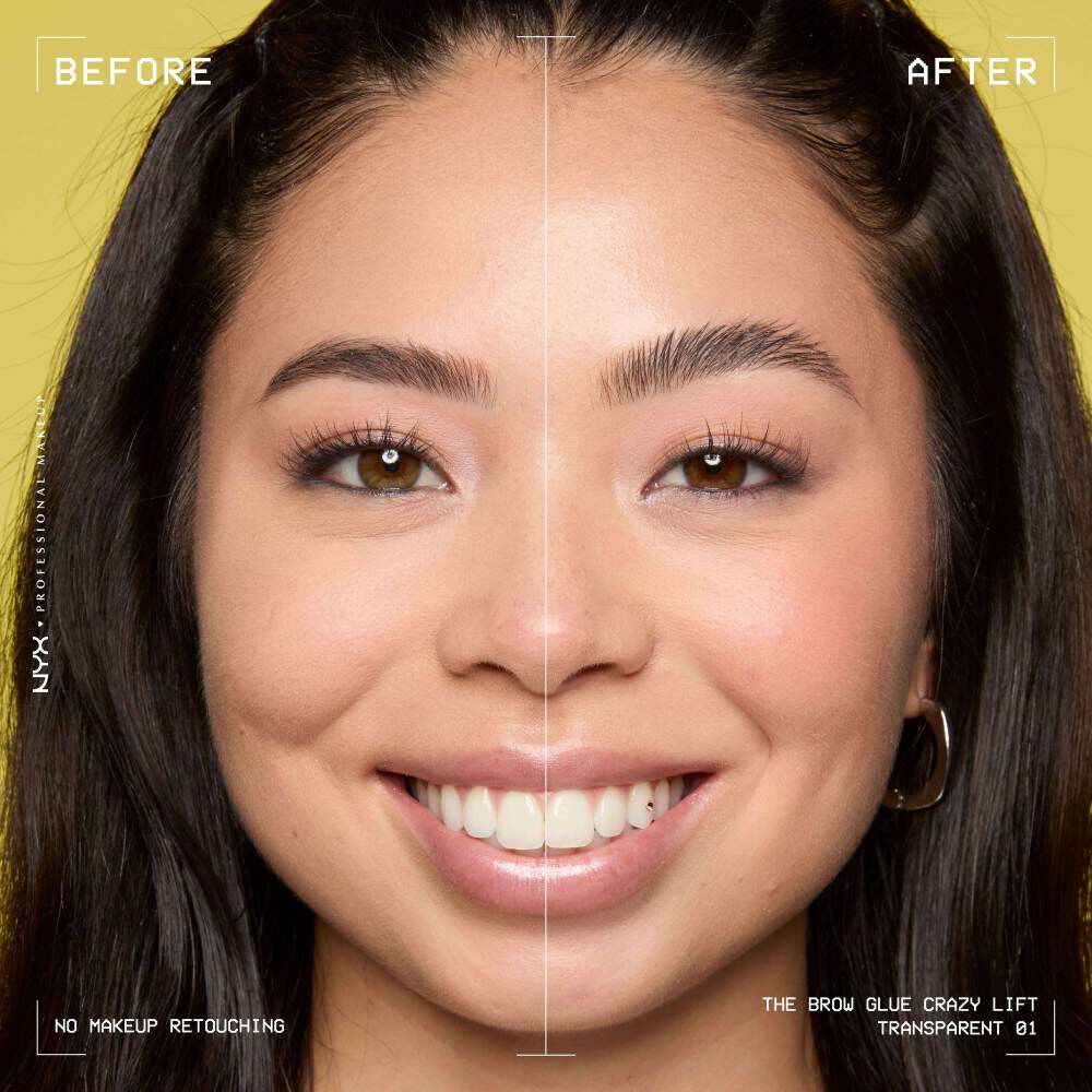 Nahaufnahme des Gesichts einer jungen Frau mit Vorher-Nachher-Vergleich von naturlichen und gelifteten Augenbrauen mit dem Brow Glue Crazy Lift von NYX Professional Makeup