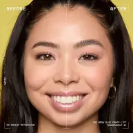 Nahaufnahme des Gesichts einer jungen Frau mit Vorher-Nachher-Vergleich von naturlichen und gelifteten Augenbrauen mit dem Brow Glue Crazy Lift von NYX Professional Makeup
