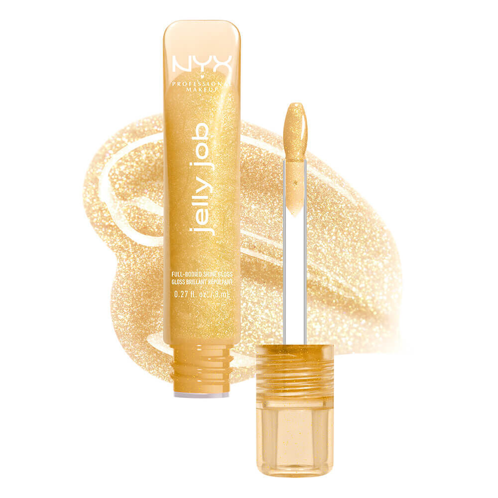 Ein Bild von der Produktverpackung eines Lipglosses von NYX Professional Makeup und daneben ist der Applikator des Lipglosses zu sehen. Hinter beidem ist die Textur des Produktes platziert. Es ist ein weißer Hintegrund fur das gesamte Bild gewahlt worden.