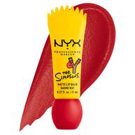 Eine gelbe Tube des NYX x The Simpsons Matte Lip Balms vor einem großflachigen, matten Farbaustrich in der passenden Farbe.