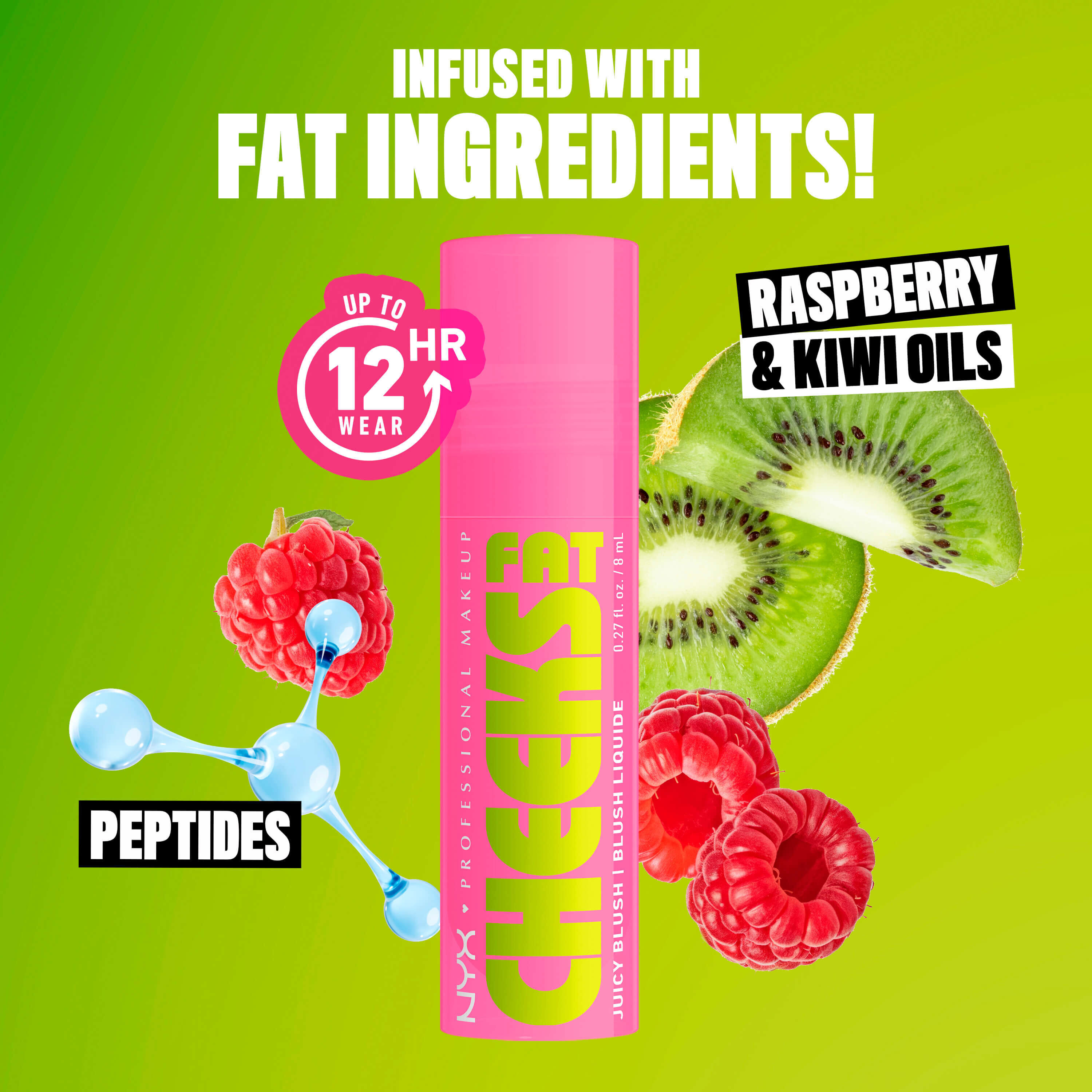 Fat Cheeks Juicy Blush von NYX Professional Makeup mit Auflistung der besonderen Inhaltsstoffe: Kiwi- und Himbeerole sowie Peptide