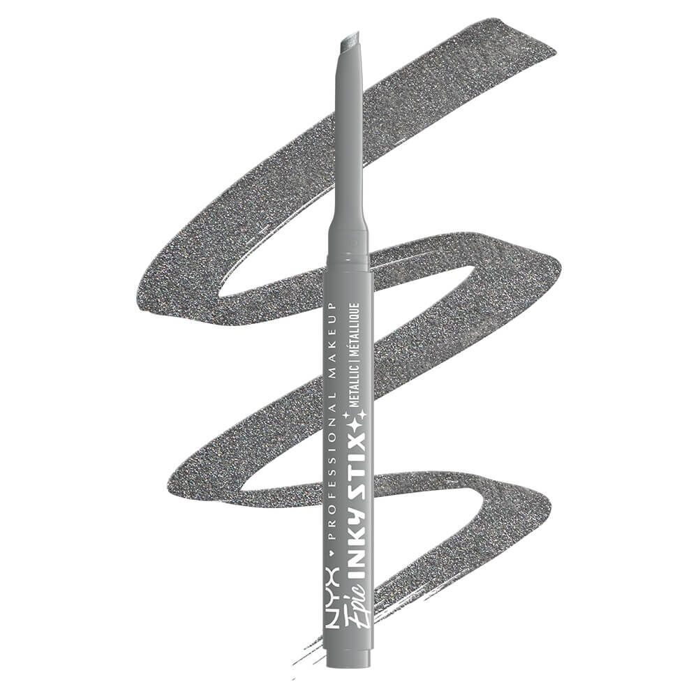 Ein Eyeliner-Stift liegt diagonal vor einem Hintergrund mit einer dicken, geschwungenen Linie, die vom Stift ausgeht und sich mehrfach windet. Der Eyeliner-Stift ist schlank und hat eine feine Spitze.