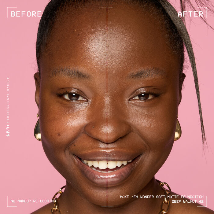 Vorher-Nachher-Bild vom Gesicht einer lachelnden Person mit und ohne Make 'Em Wonder Foundation