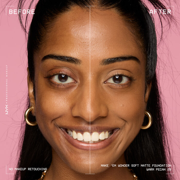 Vorher-Nachher-Bild vom Gesicht einer lachelnden Person mit und ohne Make 'Em Wonder Foundation