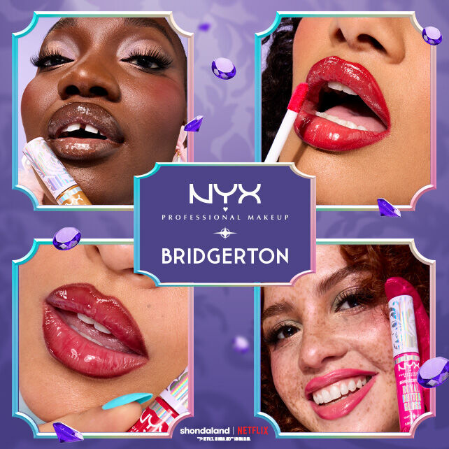 Eine Collage, die vier verschiedene Models mit glanzenden Lippen und farbenfrohem Makeup zeigt.