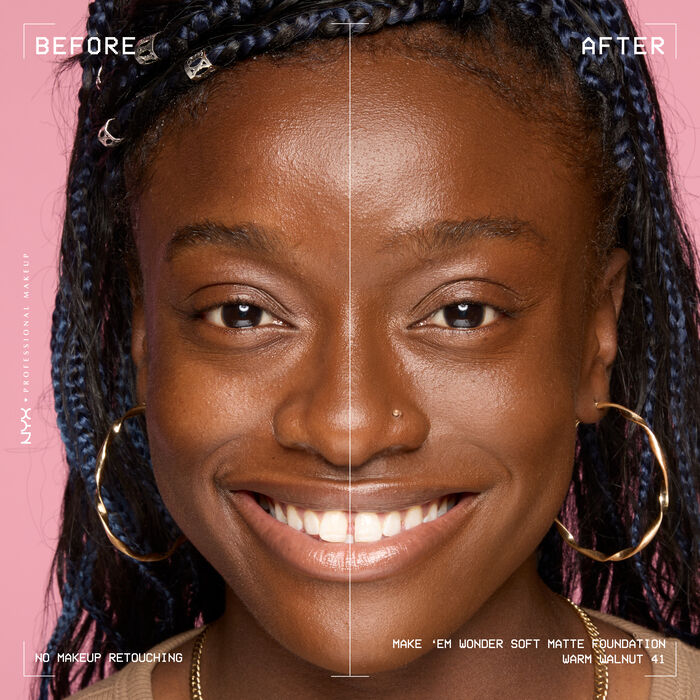 Vorher-Nachher-Bild vom Gesicht einer lachelnden Person mit und ohne Make 'Em Wonder Foundation