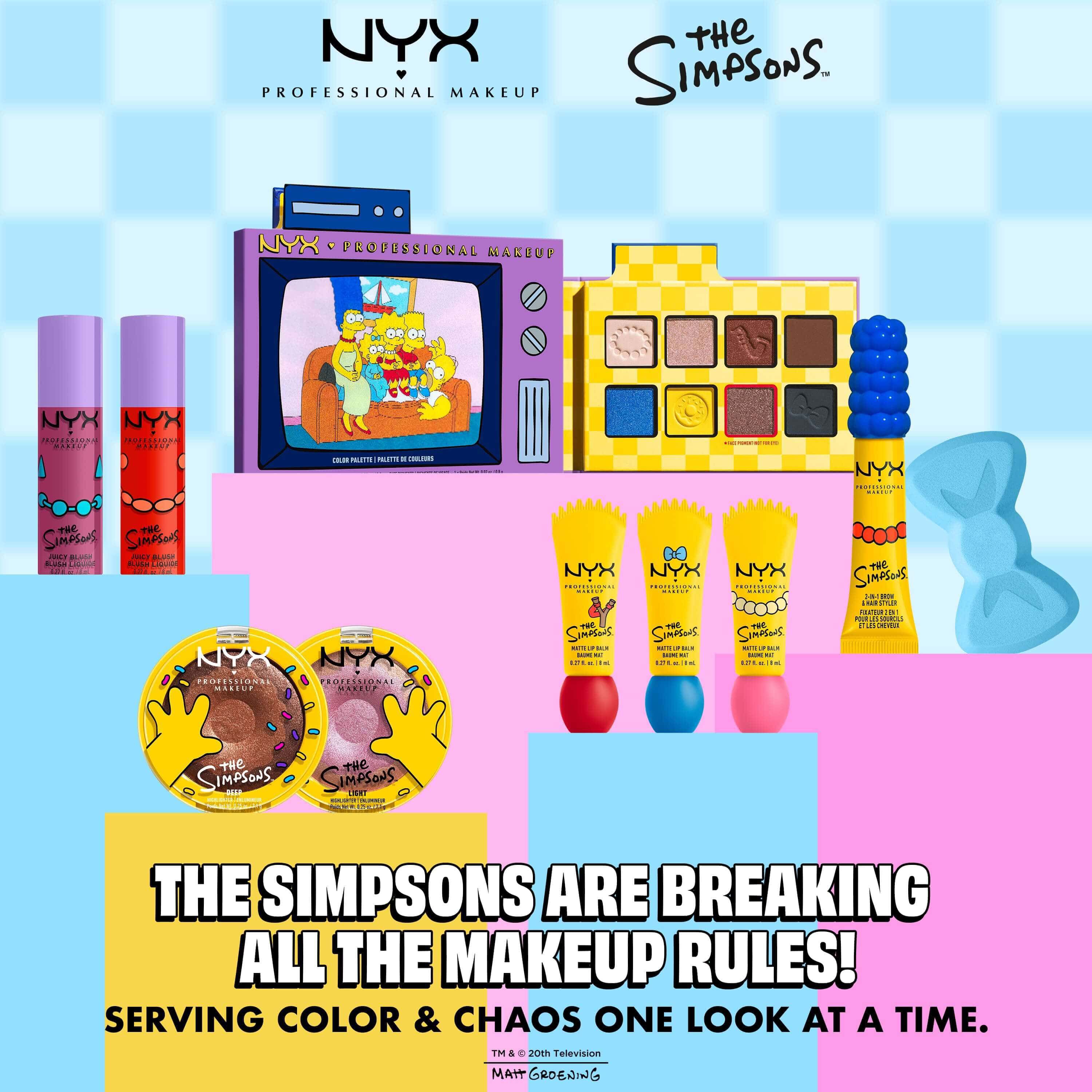 Eine farbenfrohe Produktubersicht der NYX x The Simpsons Make-up-Kollektion, inklusive Lidschattenpaletten im TV-Design, Lippenbalsamen und Highlightern.