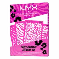 NYX Professional Makeup Party Animals Stencils Kit, geschlossene pinke Verpackung mit Animal-Print-Schablonendesigns.
