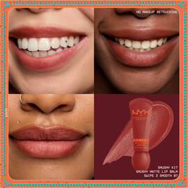 Raster mit Lippenmakros mit Balsam in transparenten und getonten Farbtonen, dargestellt auf verschiedenen Hauttonen aus dem NYX Professional Makeup Holiday Smushy Kit und Packshot des Smushy Matte Lip Balm in der Farbe 07 Swipe 2 Smooth.