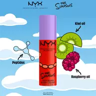 Infografik zum flussigen Blush von NYX x The Simpsons, die die Inhaltsstoffe Peptide, Kiwi-Ol und Himbeer-Ol vor einem blauen Wolkenhintergrund hervorhebt.