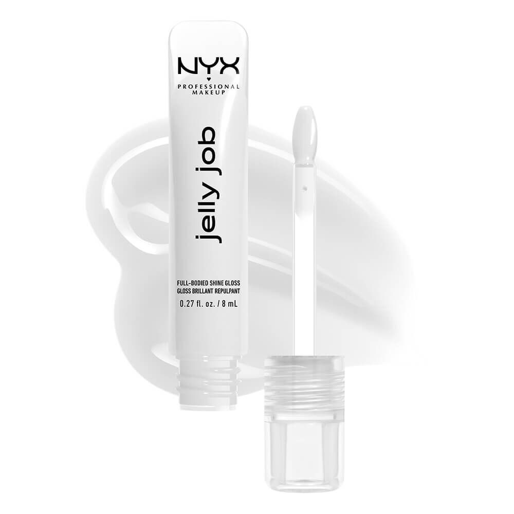 Ein Bild von der Produktverpackung eines Lipglosses von NYX Professional Makeup und daneben ist der Applikator des Lipglosses zu sehen. Hinter beidem ist die Textur des Produktes platziert. Es ist ein weißer Hintegrund fur das gesamte Bild gewahlt worden.