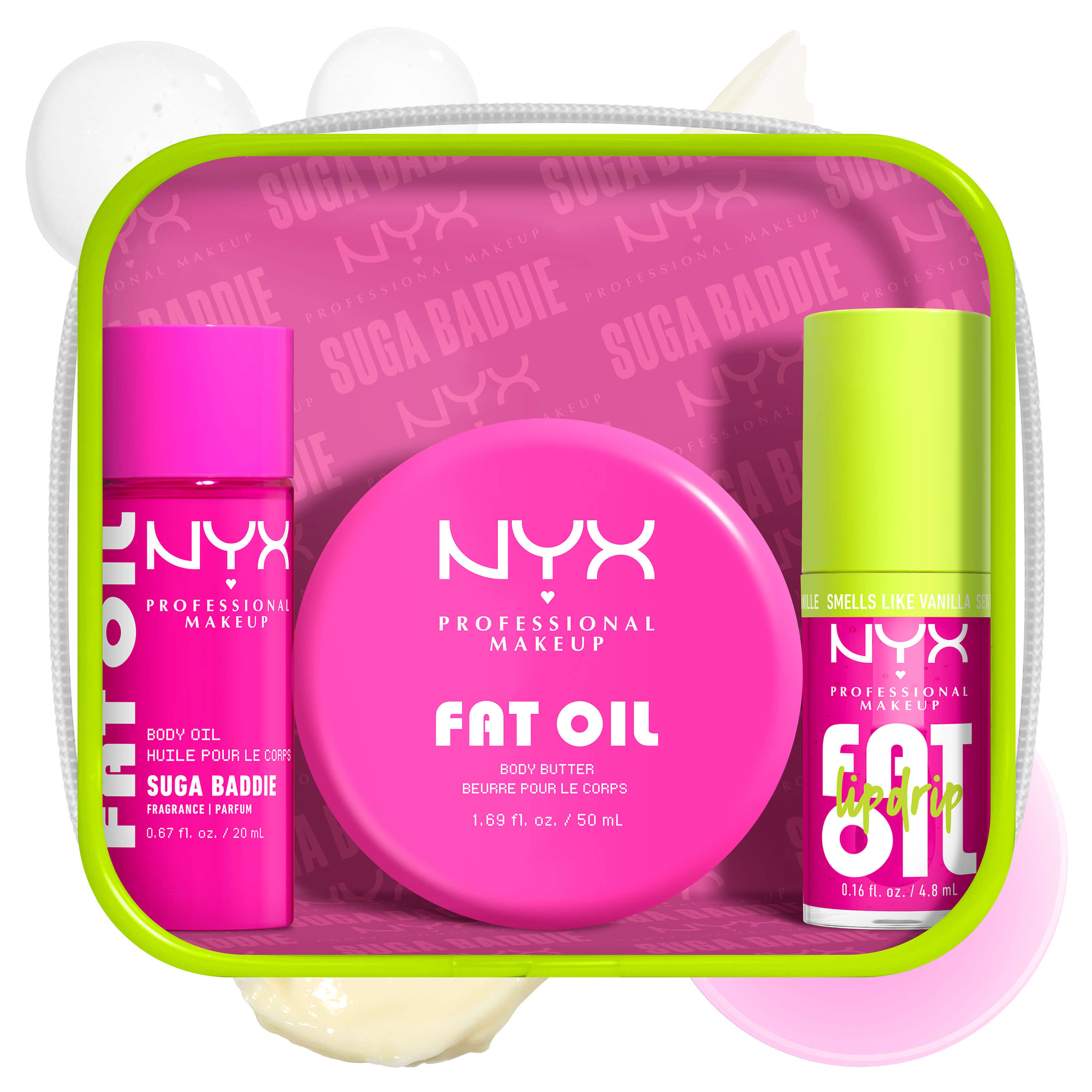 Das NYX Professional Makeup Fat Oil „Suga Baddie“ Geschenkset mit Korperol, Bodybutter und Lip Drip in einer transparenten Kulturtasche mit neongrunem Akzent.