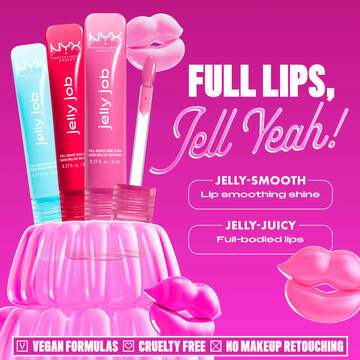 3 Jelly Job Lipglosse und 1 Applikator in Wackelpudding neben Produktdetails: Lippen glattender Glanz & voluminose Lippen