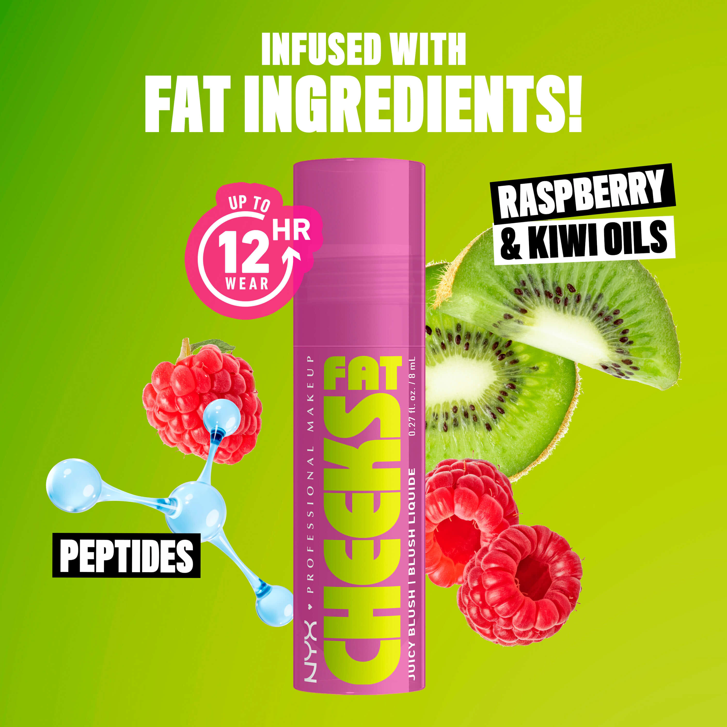 Fat Cheeks Juicy Blush von NYX Professional Makeup mit Auflistung der besonderen Inhaltsstoffe: Kiwi- und Himbeerole sowie Peptide