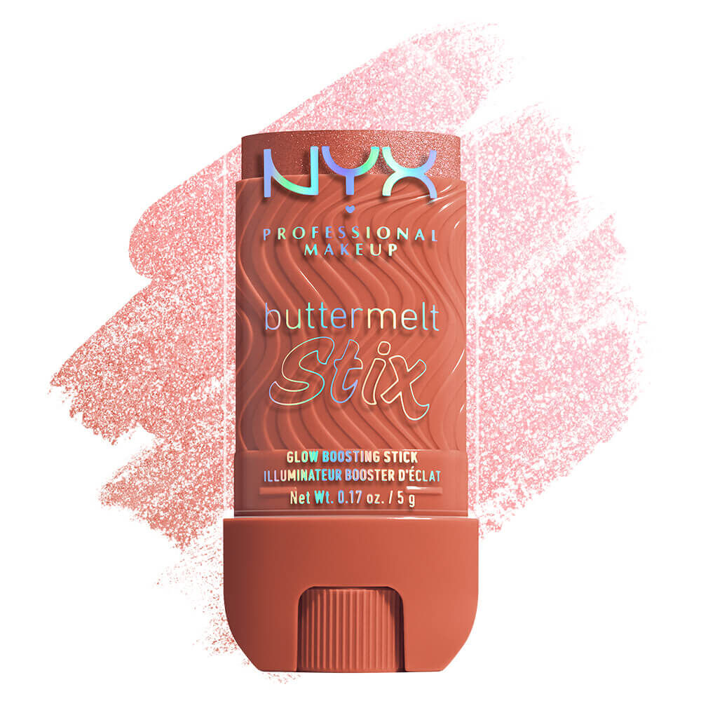 Ein vertikales Produktbild eines "NYX Professional Makeup Buttermelt Stix Glow Boosting Stick" vor einem weißen Hintergrund. Der Stift hat eine transparente Kappe. Das NYX-Logo und die Schriftzuge "buttermelt Stix" sind in einem schillernden, holografischen Effekt gehalten.