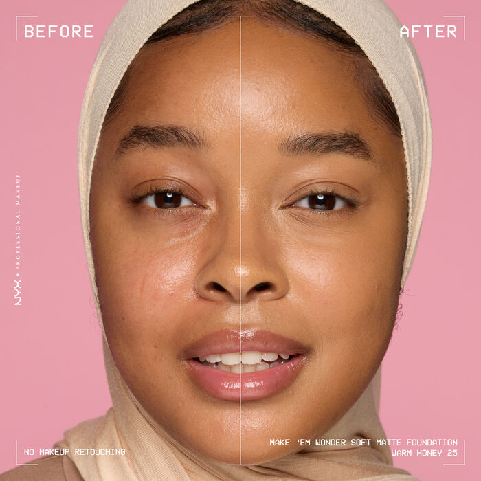 Vorher-Nachher-Bild vom Gesicht einer lachelnden Person mit und ohne Make 'Em Wonder Foundation