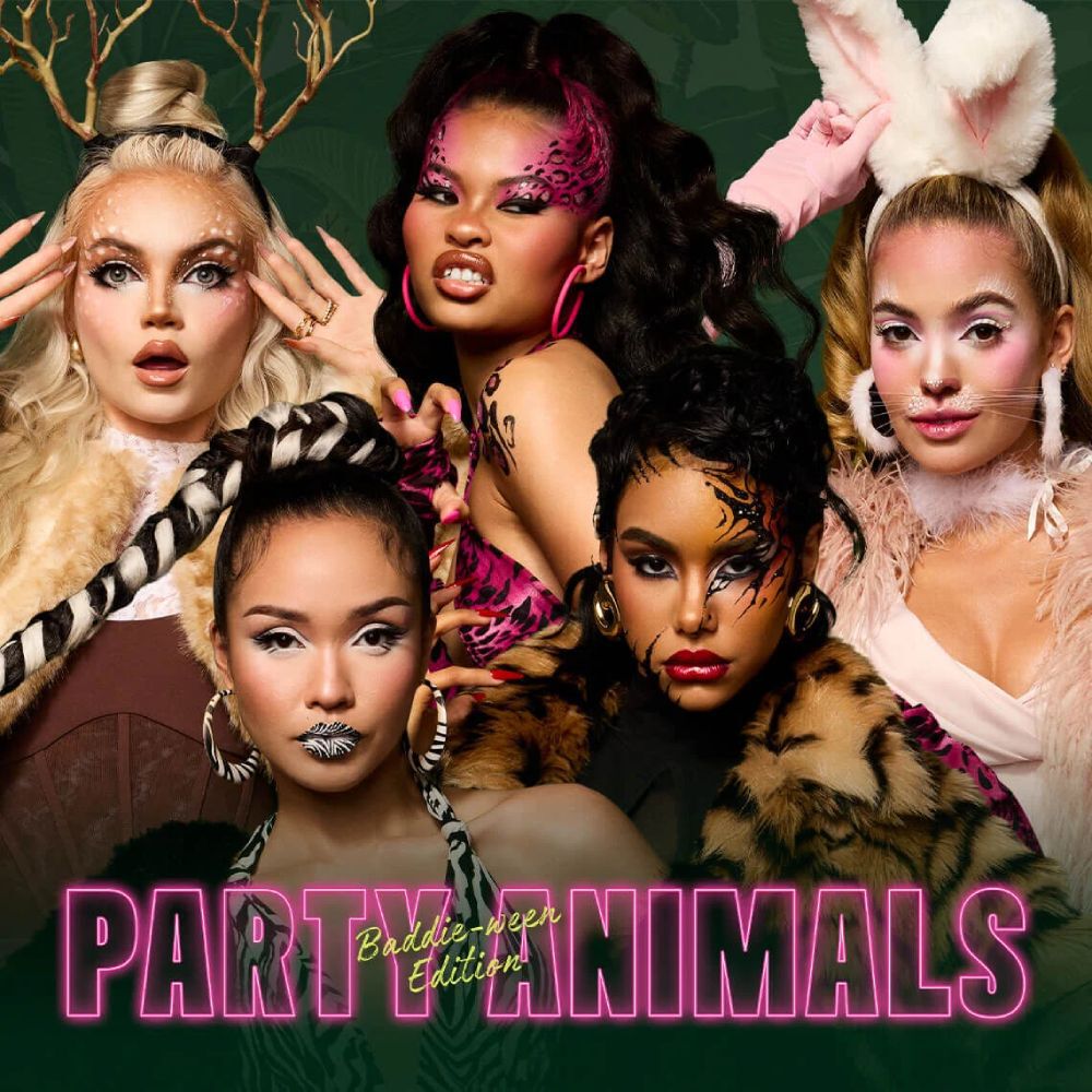 NYX Professional Makeup Party Animals Kollektion, prasentiert mit Models in tierinspiriertem Make-up neben den Produkten der limitierten Kollektion.