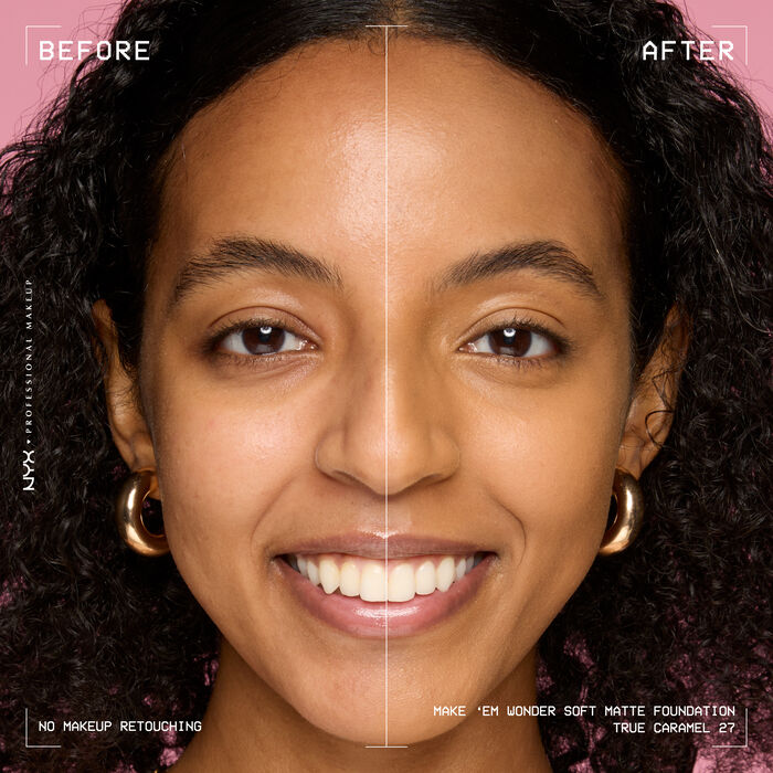 Vorher-Nachher-Bild vom Gesicht einer lachelnden Person mit und ohne Make 'Em Wonder Foundation